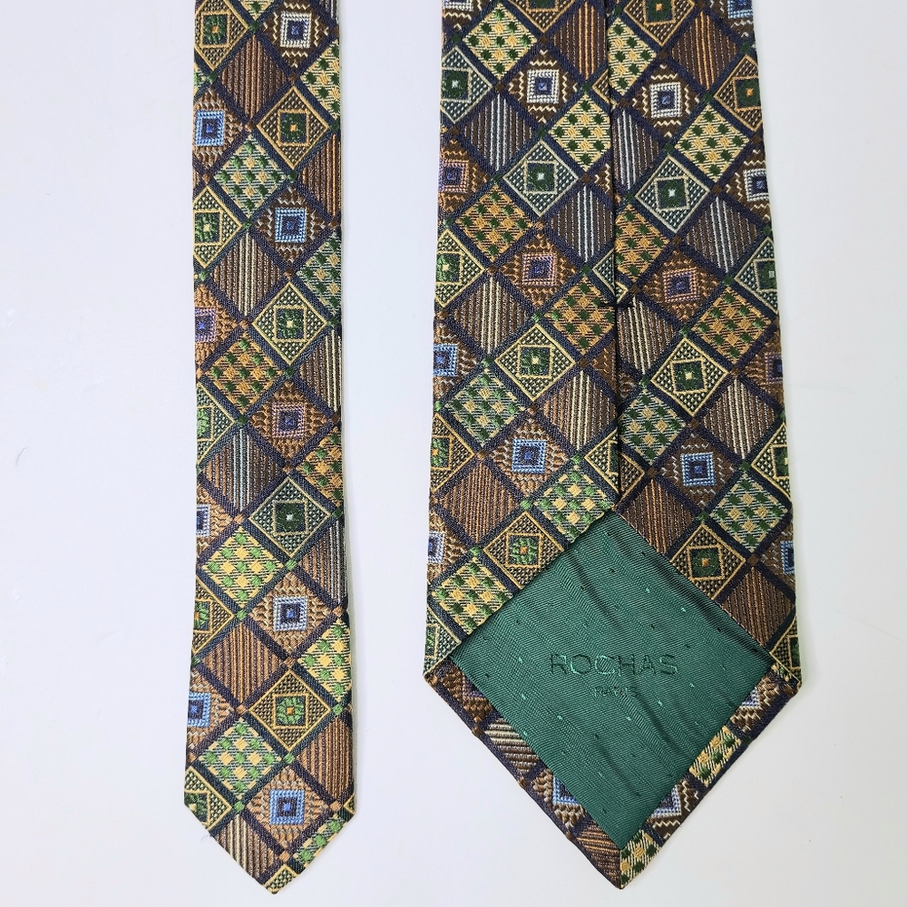 Rochas Paris Green Brown Checkered Graphic Print Woven Silk Tie - Picture 4 of 8